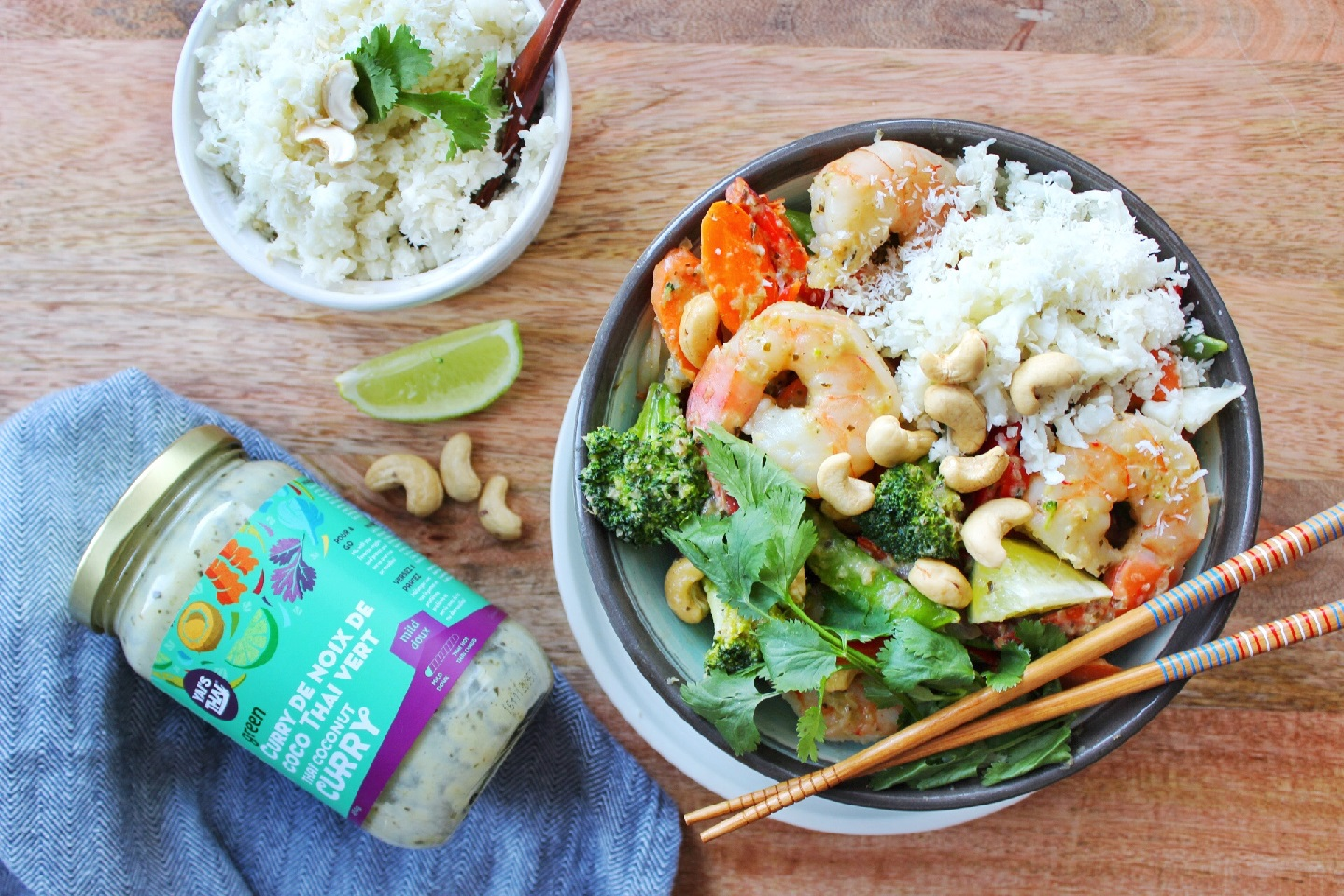 Thai Green Curry Stir-fry with Shrimp and Coconut Cauliflower Rice   