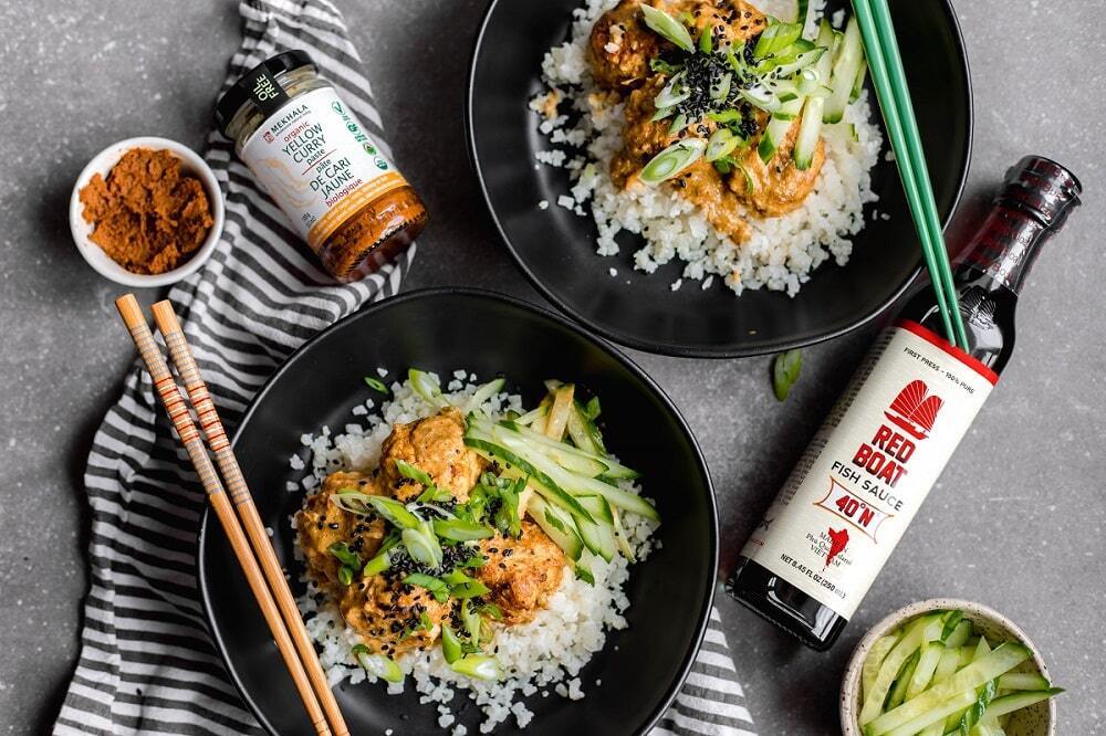 Keto-Friendly Thai Chicken Meatballs in a Yellow Curry Sauce
