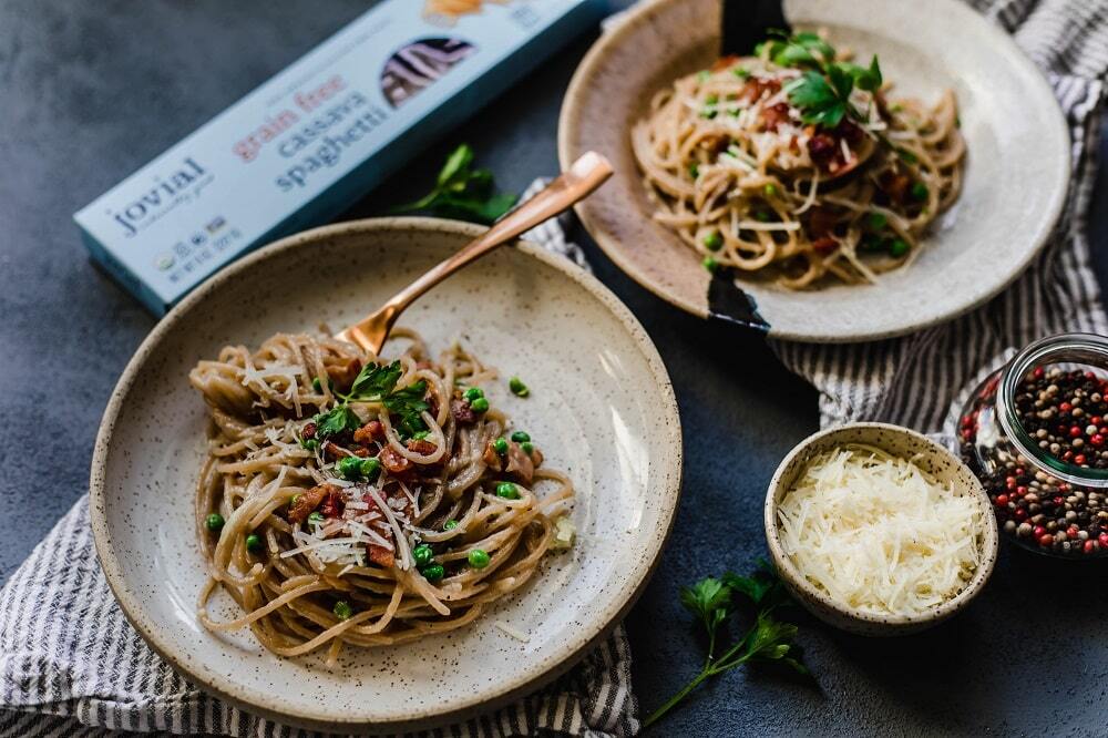 Grain Free Spaghetti Carbonara with Sweet Peas 