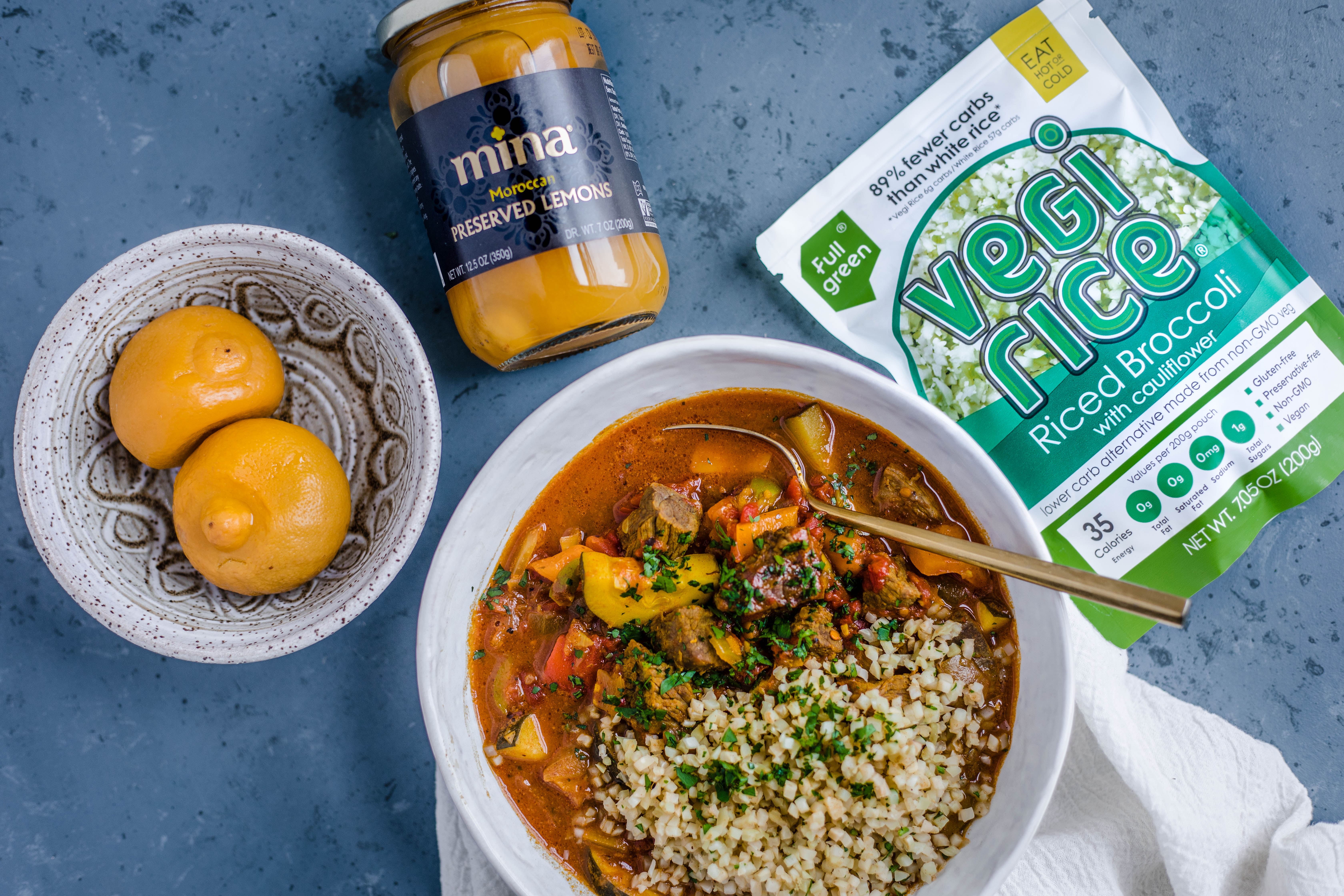 Moroccan Beef Stew with Preserved Lemon, Olives, and Cauliflower Rice