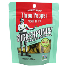 Front of SuckerPunch Gourmet Fiery Hot Three Pepper Pickle Chips, 101mL