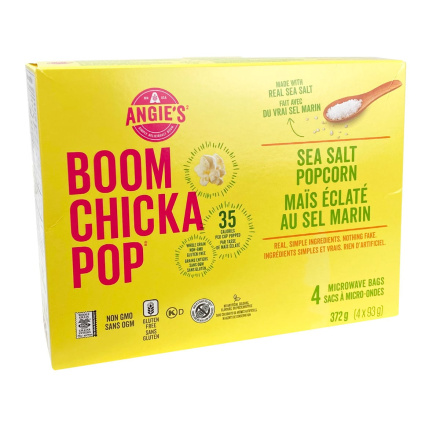 Front of Angie's BOOMCHICKAPOP Microwave Popcorn Sea Salt, 4 bags 