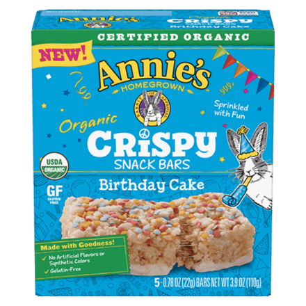 Front of Annie’s Homegrown Organic Crispy Snack Bars Birthday Cake, 110g