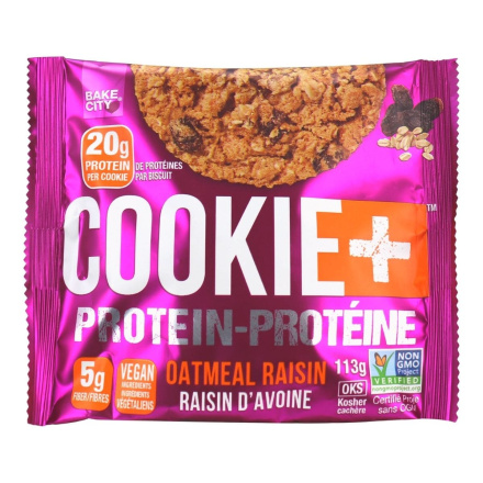 Front of Bake City Vegan Protein Cookies Oatmeal Raisin