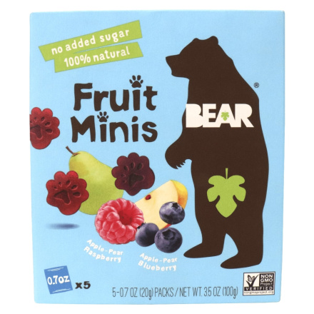 Front of BEAR Snacks No Added Sugar Fruit Minis Raspberry & Blueberry