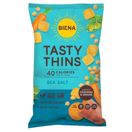 Front of Biena Tasty Thins Chickpea & Veggies Crisps Sea Salt
