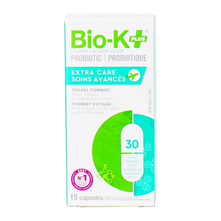 Front of Bio-K+ Probiotic Extra Care Travel 30 Billion CFU