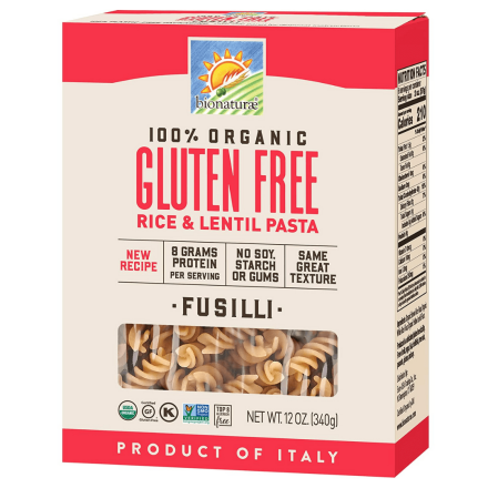 Front of Bionaturae 100% Organic Gluten Free Rice & Lentil Pasta Fusilli, 340g