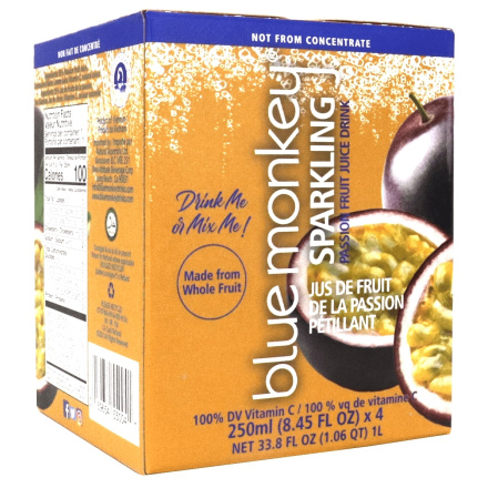 Front of Blue Monkey No Sugar Added Sparkling Juice Passion Fruit