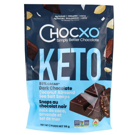 Front of ChocXO Choc Dark Chocolate Coconut Snaps, 98g