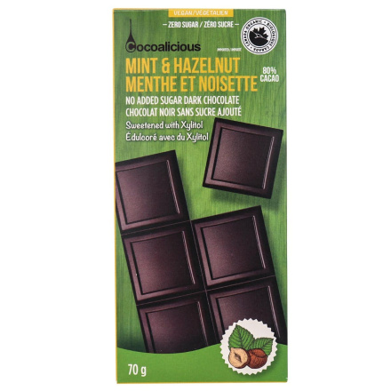 Front of Cocoalicious 80% Cacao No Added Sugar Dark Chocolate Mint & Hazelnut, 70g