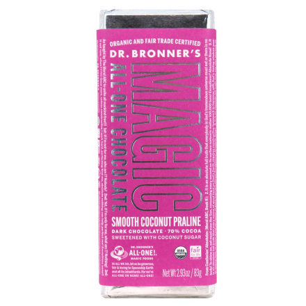 Front of Dr. Bronner’s Fair Trade Magic All-One Chocolate Smooth Coconut Praline, 83g