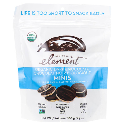 Front of Element Snacks Organic Dipped Rice Cakes Dark Chocolate Minis, 100g