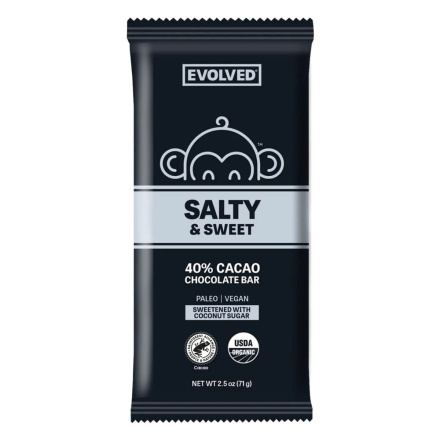 Front of EVOLVED Chocolate Bar Salty & Sweet