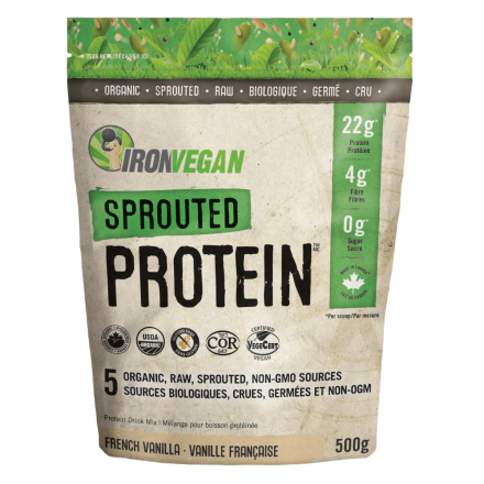 Front of Iron Vegan Sprouted Protein Drink Mix French Vanilla, 500g