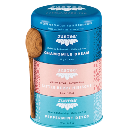 Front of JusTea Caffeine-Free Herbal Tea Trio, 68g