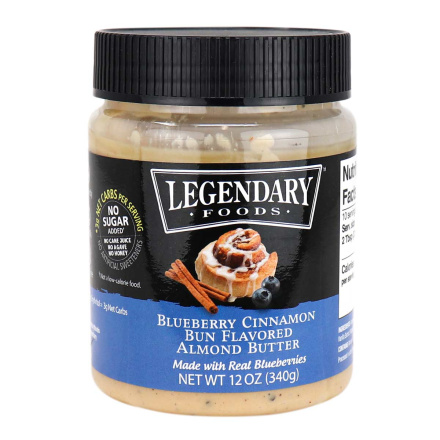 Front of Legendary Foods Blueberry Cinnamon Bun Flavored Almond Butter, 340g