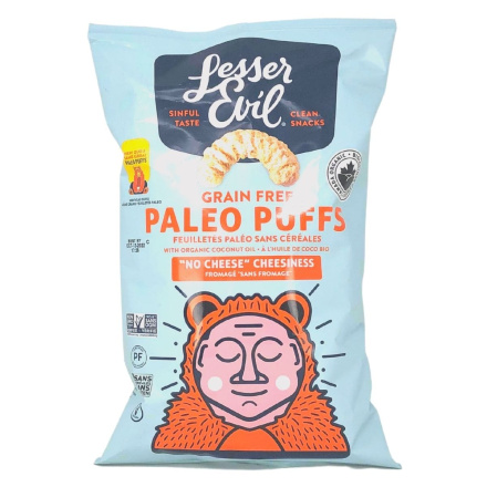 Front of Lesser Evil Organic Grain Free Paleo Puffs No Cheese Cheesiness