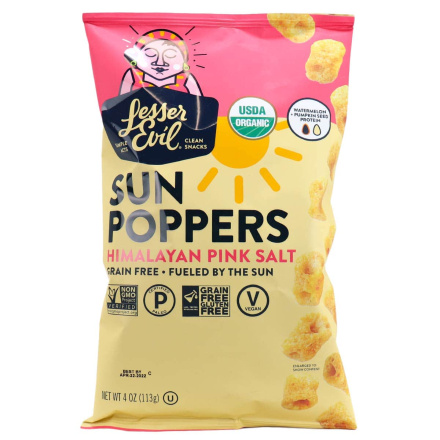 Front of Lesser Evil Grain Free Sun Poppers Himalayan Pink Salt, 113g
