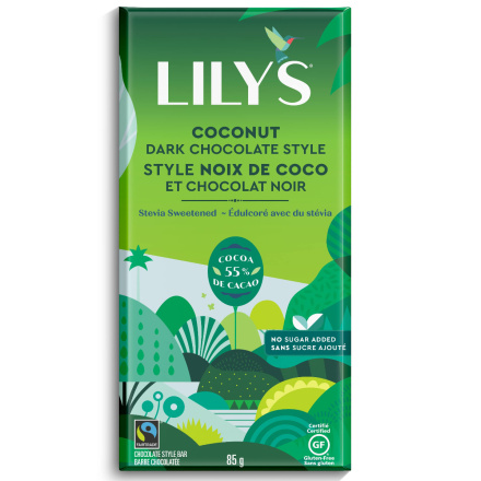 Front of Lily's Dark Chocolate Style Bar Coconut, 88g