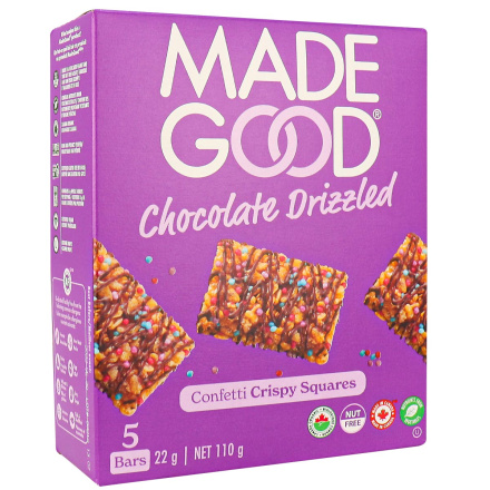 Front of MadeGood Chocolate Drizzled Crispy Squares Confetti, 5 Bars