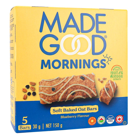 Front of MadeGood Mornings Gluten-Free Soft-Baked Oat Bars Blueberry Flavour, 5 Bars