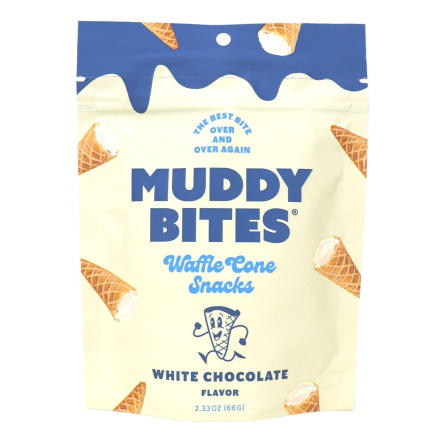 Front of Muddy Bites Waffle Cone Snacks White Chocolate, 66g