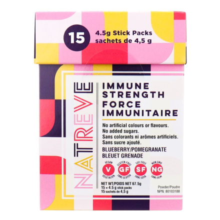 Front of Natreve Immune Strength Dietary Supplement Blueberry Pomegranate, 15 Stick Packs