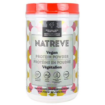 Front of Natreve Vegan Protein Powder French Vanilla Wafer Sundae Flavour, 18 Scoops, 667g