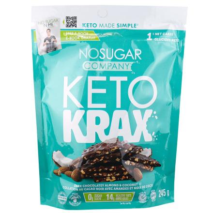 Front of No Sugar Company Keto Krax Dark Chocolatey Almond & Coconut, 245g