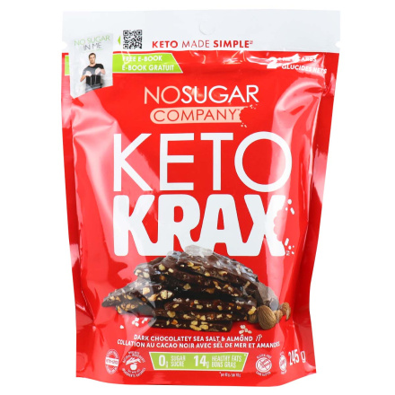 Front of No Sugar Company Keto Krax Dark Chocolatey Sea Salt & Almond, 245g
