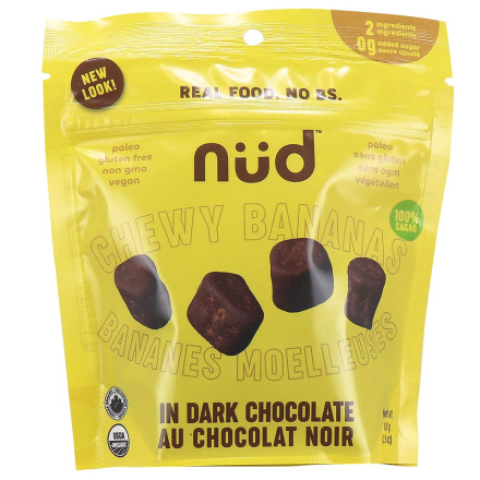 Front of Nud Snacks Chocolate Covered Chewy Bananas, 100g