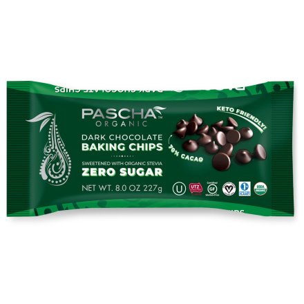 Front of Pascha Zero-Sugar Dark Chocolate Baking Chips, 227g