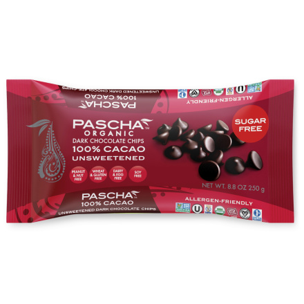 Front of Pascha Chocolate Chips Unsweetened, 250g