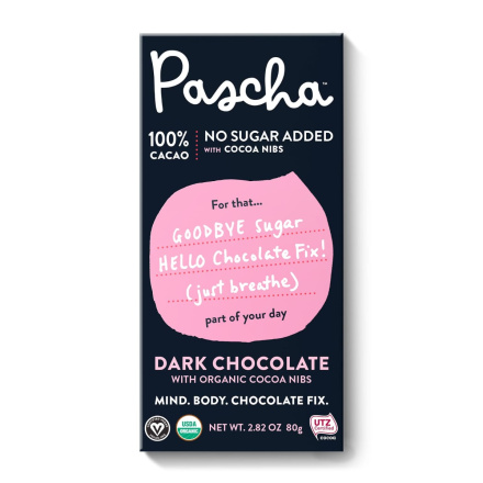 Front of Pascha Black Bar 100% Cacao Dark Chocolate with Cocoa Nibs, 80g