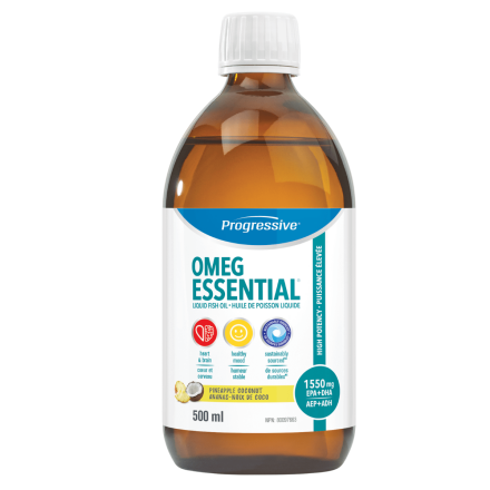 Front of Progressive OmegEssential Liquid Fish Oil Pineapple Coconut, 500mL
