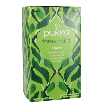 Front of Pukka Three Mint Organic Caffeine-Free Herbal Tea, 32g