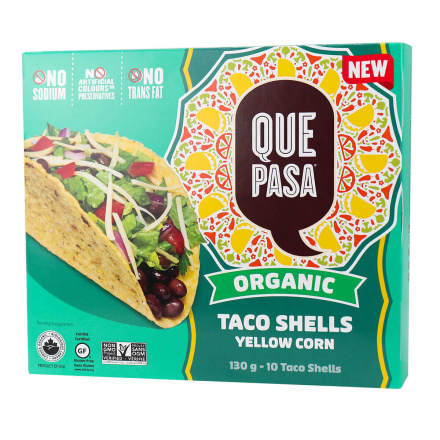 Front of Que Pasa Organic Yellow Corn Taco Shells, 10 Count, 130g