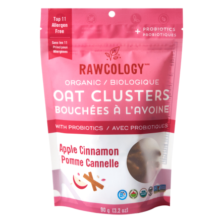 Front of Rawcology Organic Oat Clusters with Probiotics Apple Cinnamon, 90g
