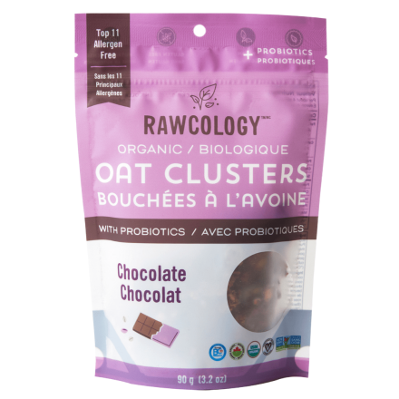 Front of Rawcology Organic Oat Clusters with Probiotics Chocolate, 90g