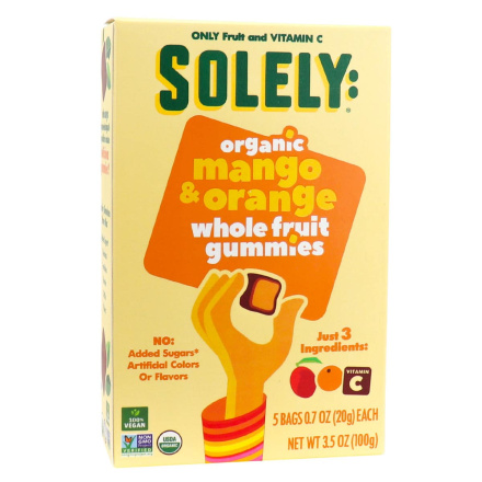 Front of Solely Organic Mango & Orange Whole Fruit Gummies, 100g