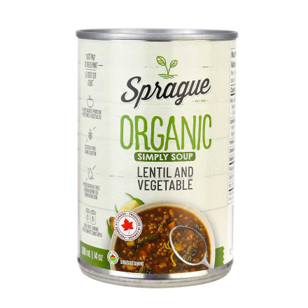 Front of Sprague Organic Lentil Soup with Vegetables, 425g