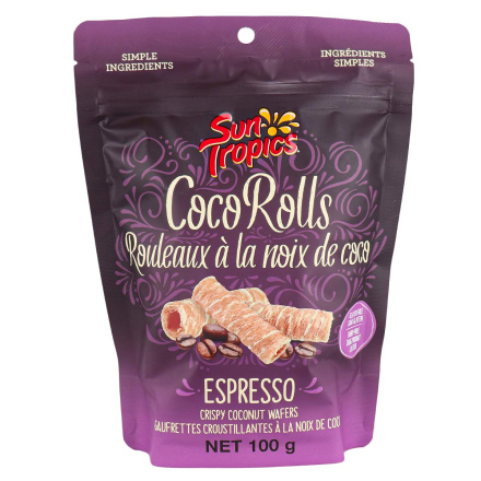 Front of Sun Tropics CocoRolls Espresso Rolled Coconut Wafers, 100g