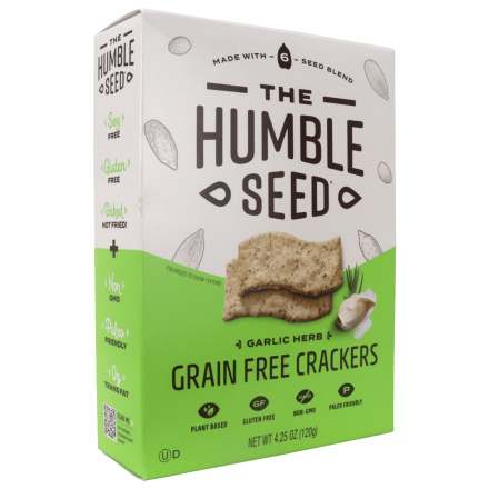 Front of The Humble Seed Grain Free Multiseed Crackers Garlic & Herb
