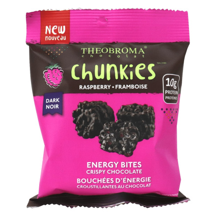 Front of Theobroma Chocolat Chunkies Cripsy Chocolate Energy Bites Dark Chocolate Raspberry