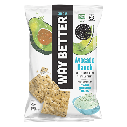 Front of Way Better Snacks Whole Grain Tortilla Chips Avocado Ranch, 156g