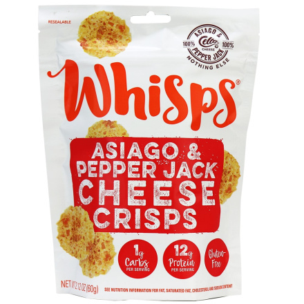 Front of Whisps Asiago & Pepper Jack Cheese Crisps, 60g