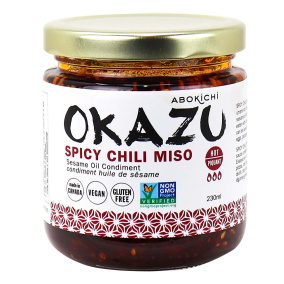 Front of Abokichi Okazu Spicy Chili Miso Sesame Oil Condiment, 230mL