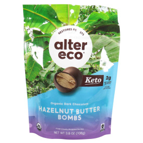 Front of Alter Eco Keto Organic Dark Chocolate Hazelnut Butter Bombs, 108g