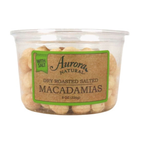 Front of Aurora Dry-Roasted Salted Macadamias